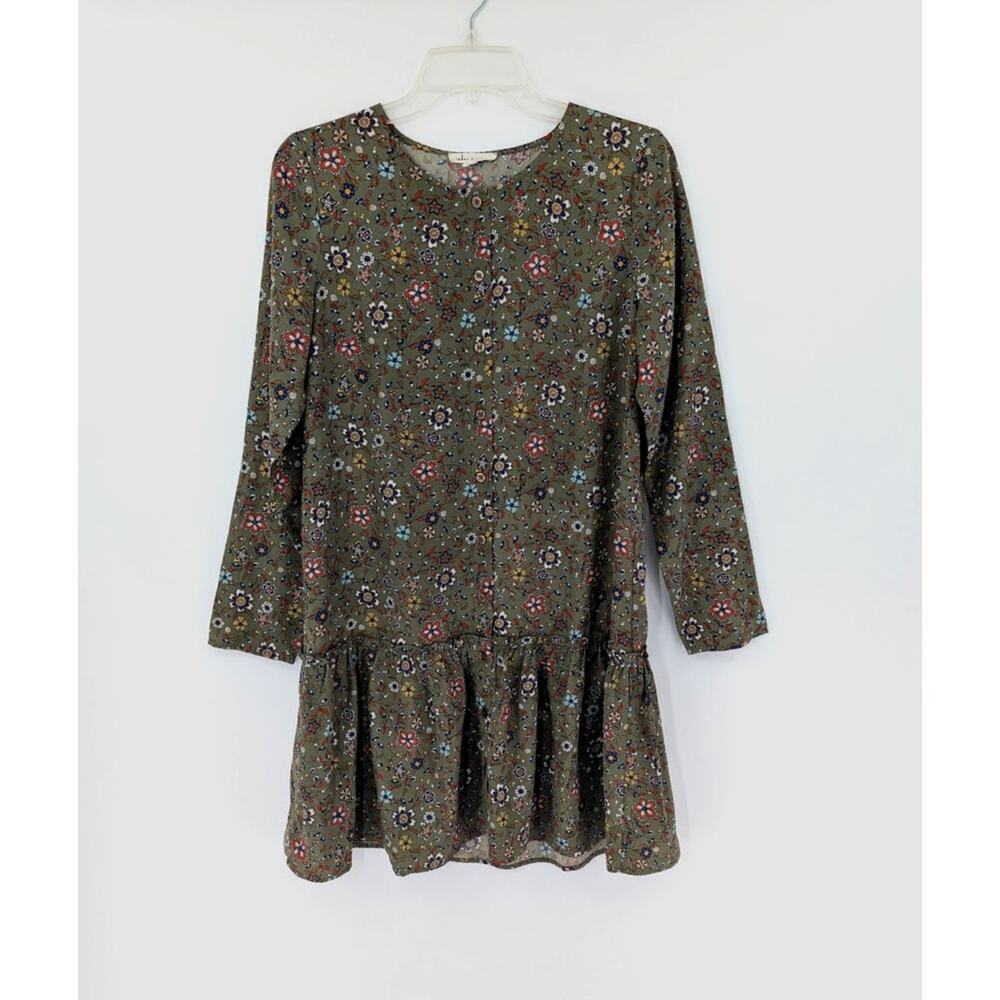 Cedar & Gold Drop Waist Shirt Dress Small Green Floral Flounce Dainty Cottage